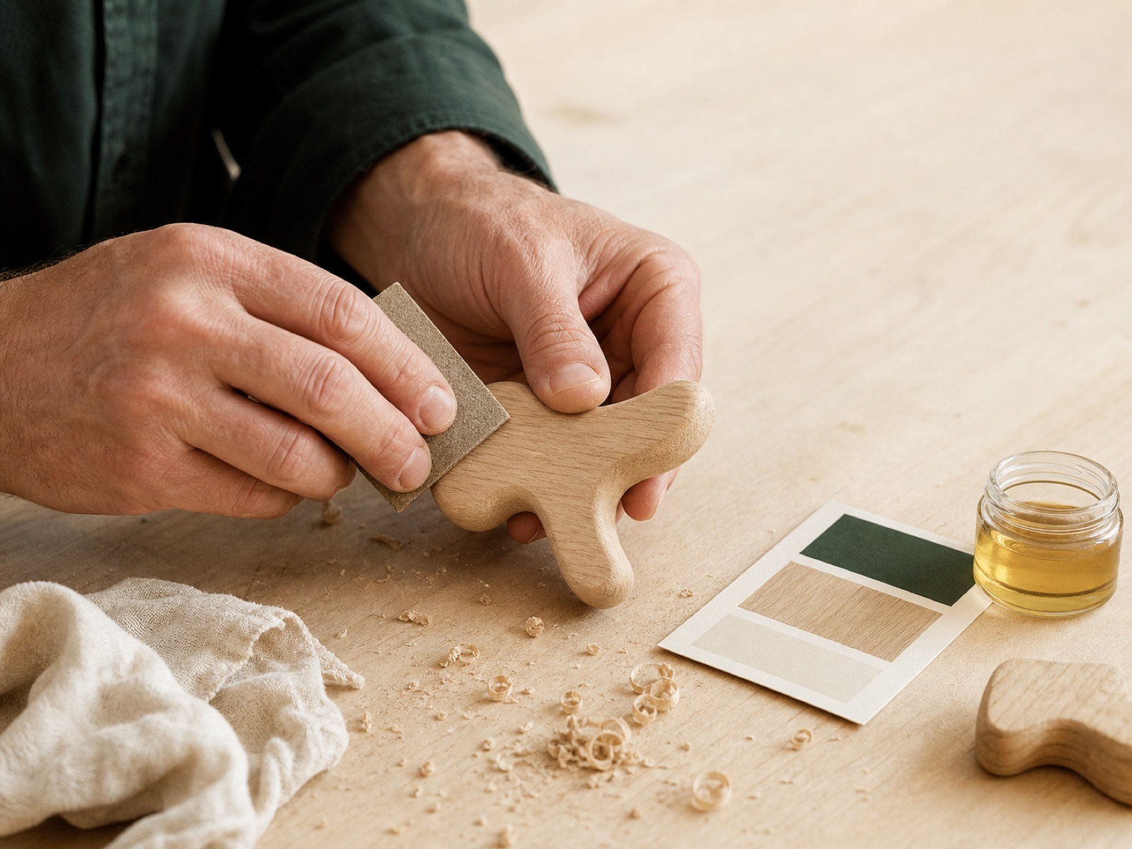 Hände schleifen ein kleines Holzspielzeug auf einer Werkbank