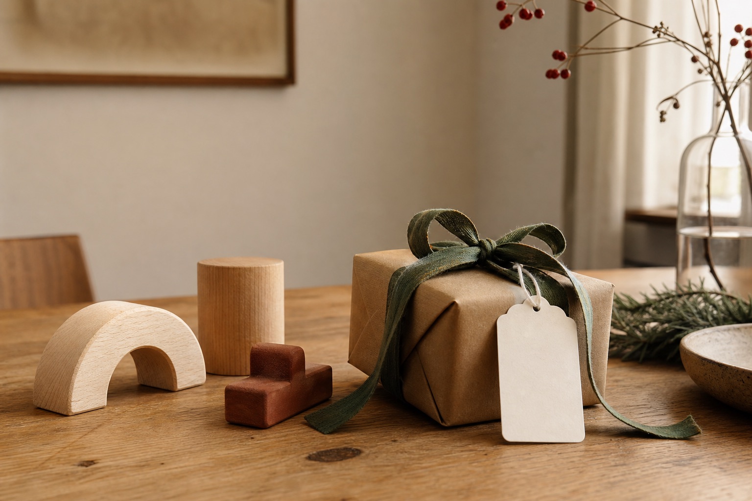 Ruhig verpacktes Geschenk neben abstrakten Holzformen