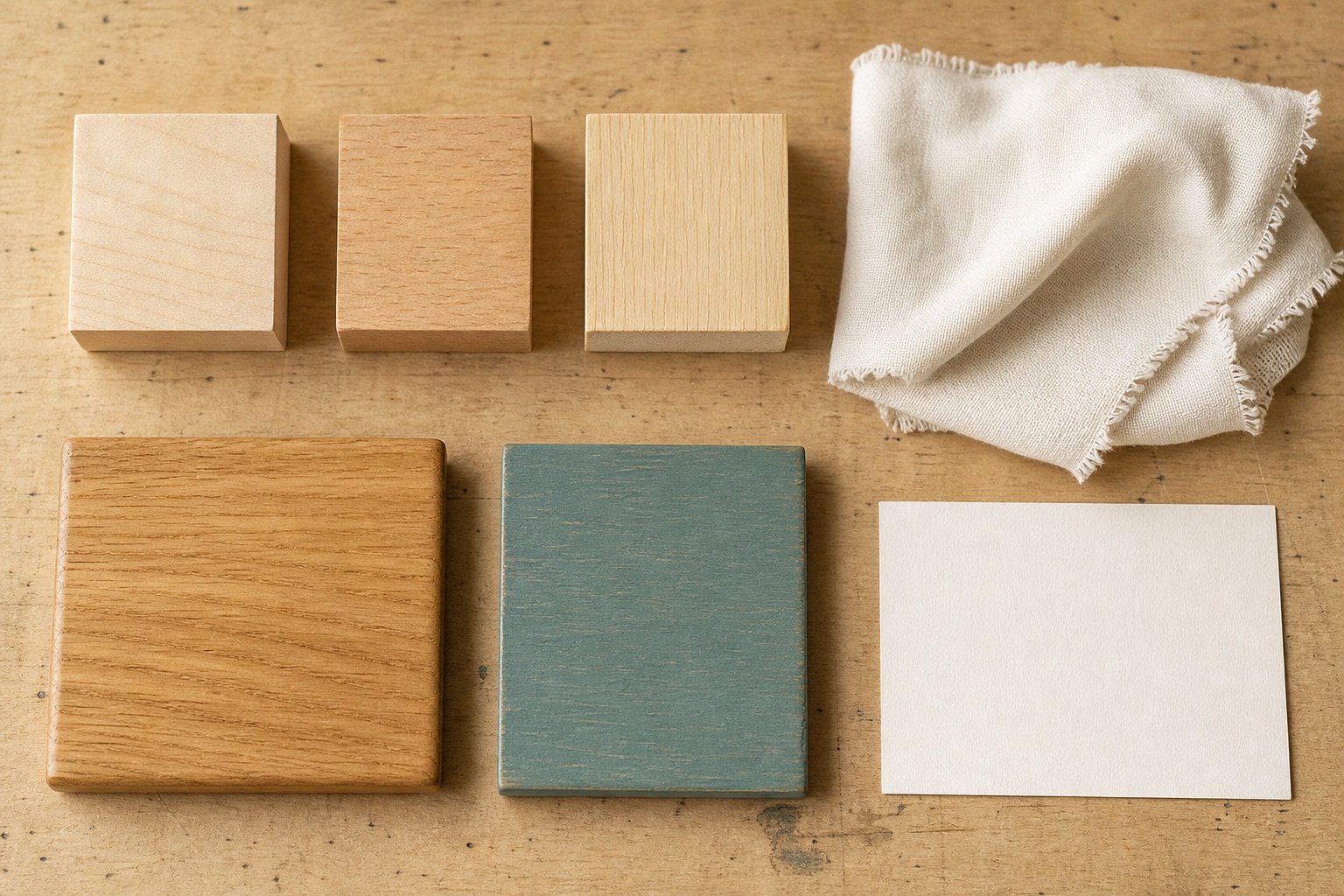 Verschiedene Holzoberflächen, Stoff und Papier als Materialstudie