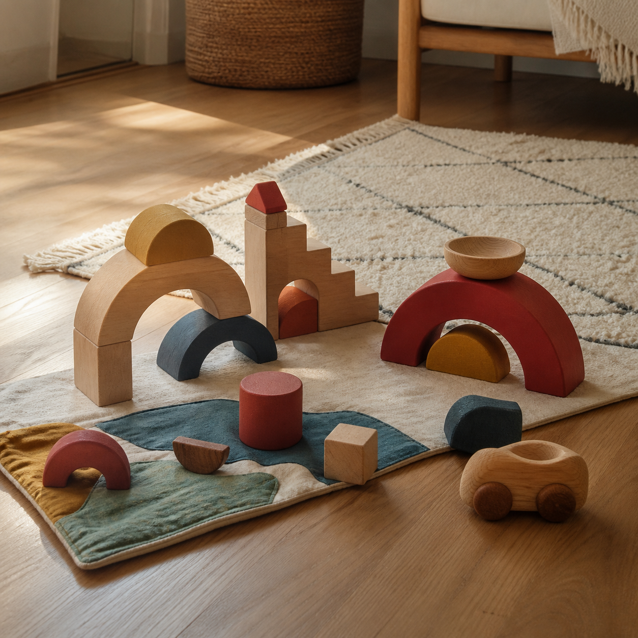 Holzbausteine und Bogenformen auf einem Spielteppich