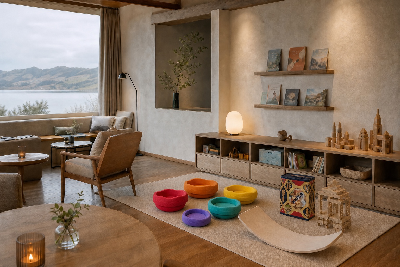 Boutique-Familienhotel mit Stapelstein Rainbow, Wobbel Original und KAPLA 200 in der Lounge