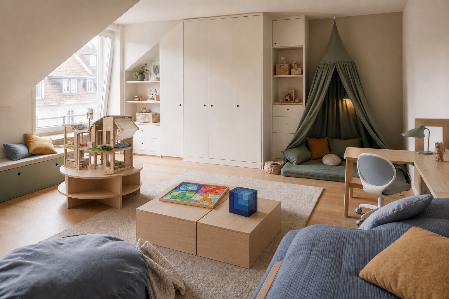 Geteiltes Geschwisterzimmer mit PlanToys Green Dollhouse, GRIMM’S Vier Temperamente und Naef Cubicus