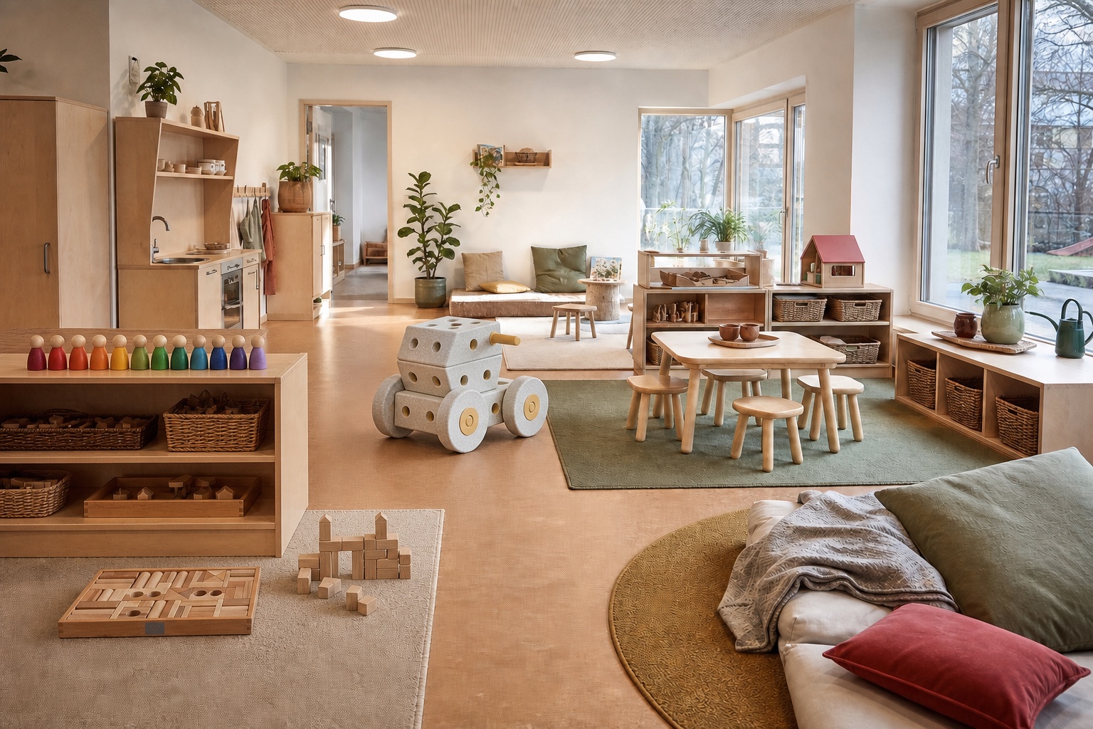 Ruhiger Kita-Gruppenraum mit MODU Dreamer, Wooden Story Holzbausteinen und Grapat 12 Nins